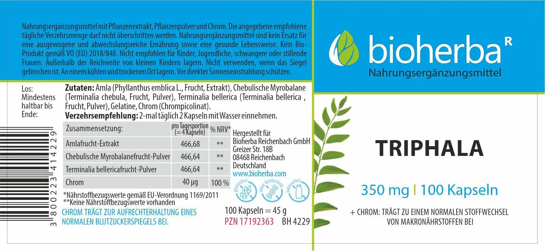 Etikett mit Produktinformationen. Weißer Hintergrund mit blauem Streifen. Marke und Produktname. Text in deutscher Sprache.