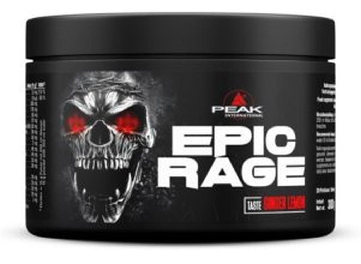 Schwarzer Behälter mit weißem "EPIC RAGE"-Schriftzug und Totenkopf-Illustration. "PEAK"-Logo. Geschmack: Ginger Lemon.