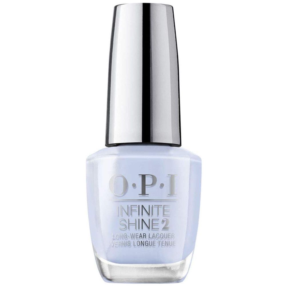 OPI Infinite Shine 2 Nagellackflasche. Hellblauer Lack, silberner Deckel. Aufschrift: OPI Infinite Shine 2.