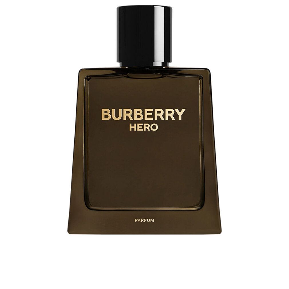 Burberry Hero Parfum Nat. Spray. Braune Flasche mit schwarzem Verschluss. Goldener Schriftzug.