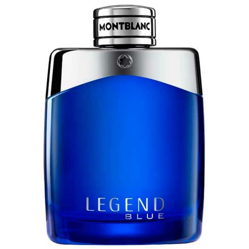 Blauer Flakon mit silberner Kappe. Aufschrift: Legend Blue. Montblanc-Logo. Quadratische Form.