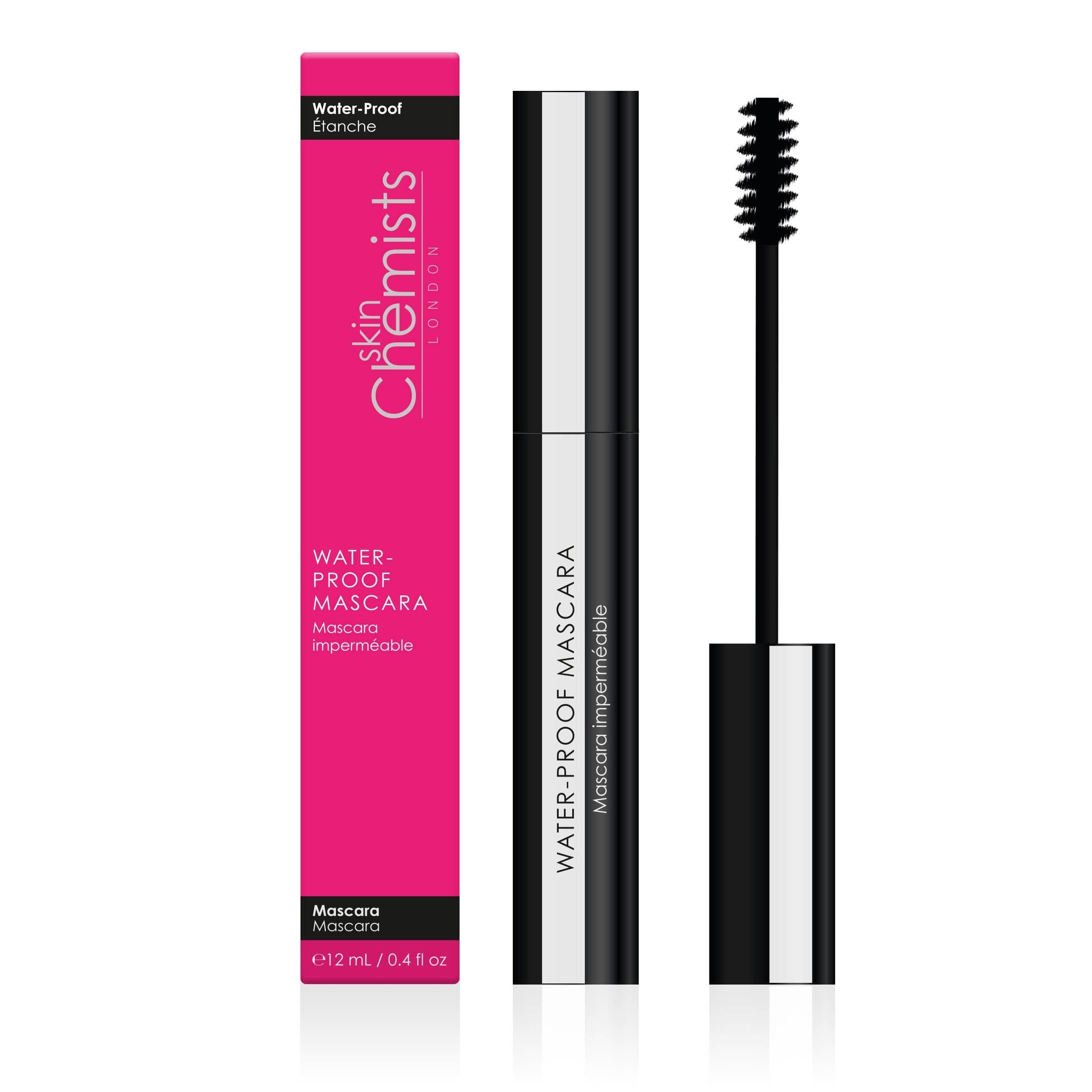 SkinChemists Wasserfeste Mascara. Schwarze Tube mit Bürste und pinker Verpackung. Text: wasserfest, Mascara.