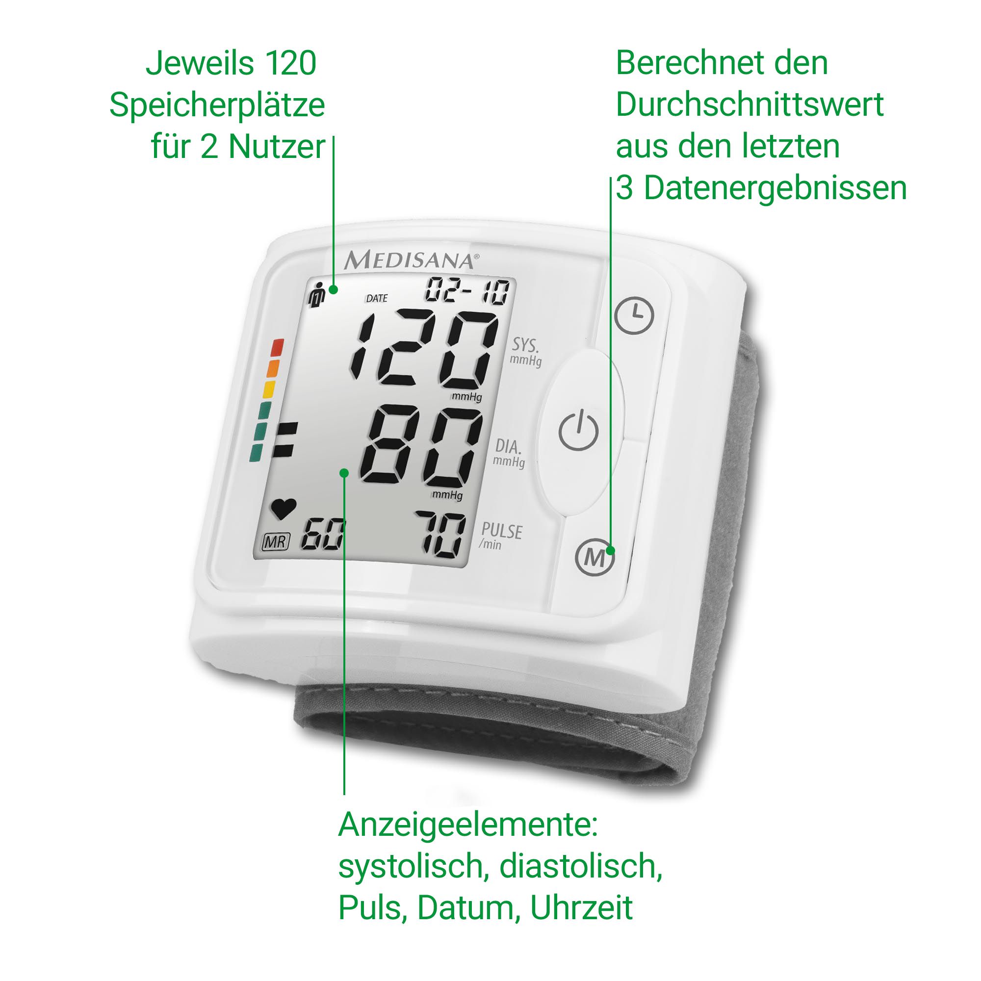 Medisana BW 320: 120 Speicherplätze pro Nutzer, Durchschnittswertberechnung, Anzeige von Puls, Datum.
