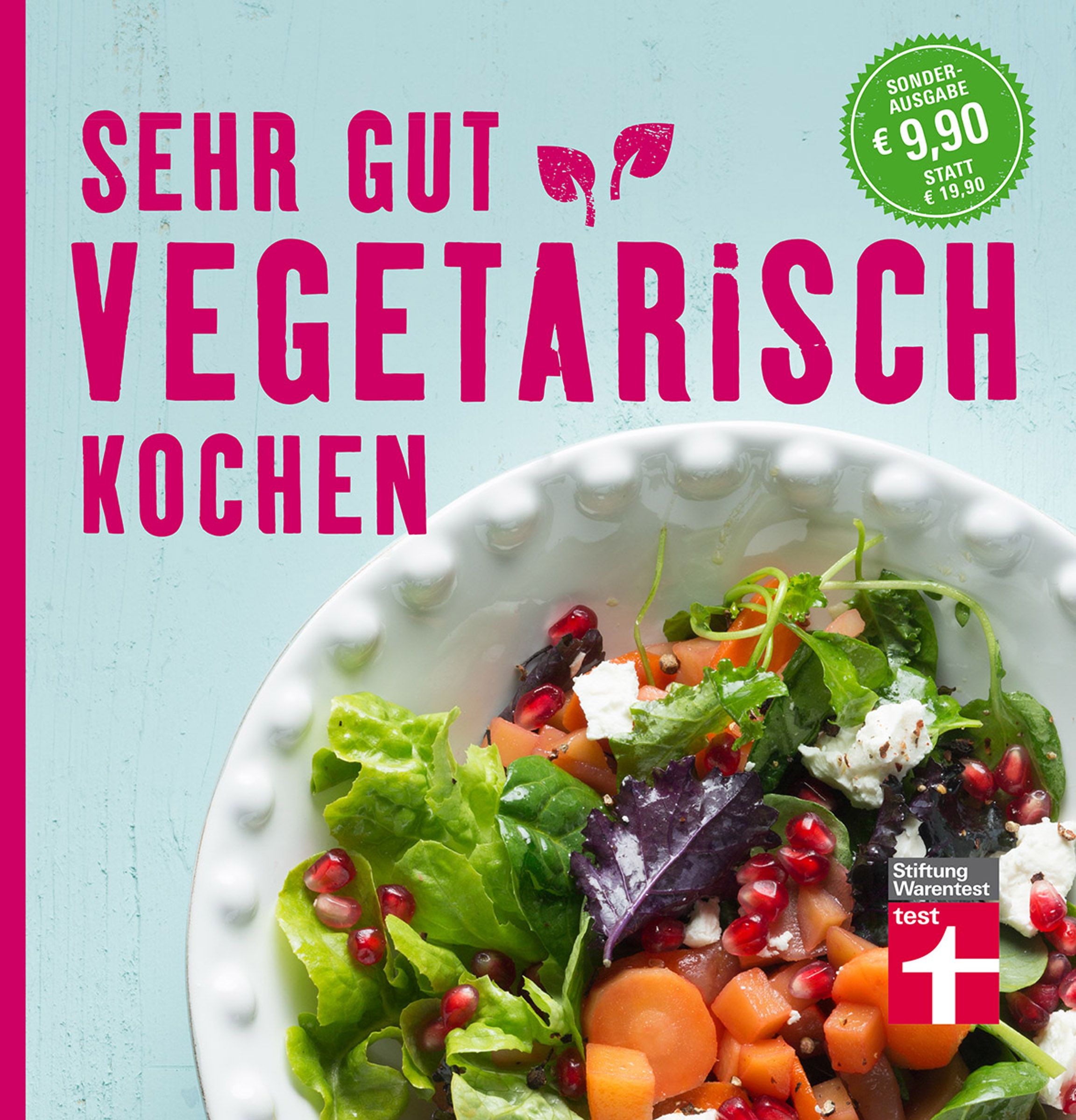 Buchcover mit Titel: Sehr gut vegetarisch kochen. Darunter eine Schüssel mit Salat. Rechts oben: Sonderausgabe, Preis. Unten rechts: Stiftung Warentest.