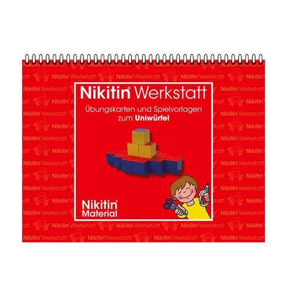 Rotes Buch mit Spiralbindung. Titel: Nikitin Werkstatt. Untertitel: Übungskarten und Spielvorlagen zum Uniwürfel. Abbildung von Bauklötzen.