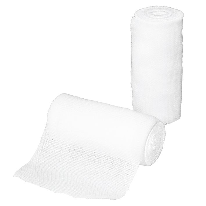 Zwei weiße, gerollte medizinische Fixierbinden. Eine liegt teilweise abgerollt, die andere steht aufrecht.