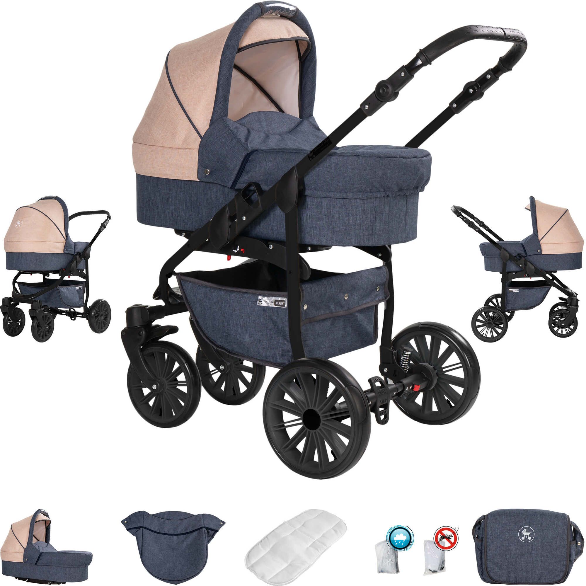 Friedrich Hugo Berlin 3 in 1 Kinderwagen Set Luftreifen, Dark Blue and Beige Night