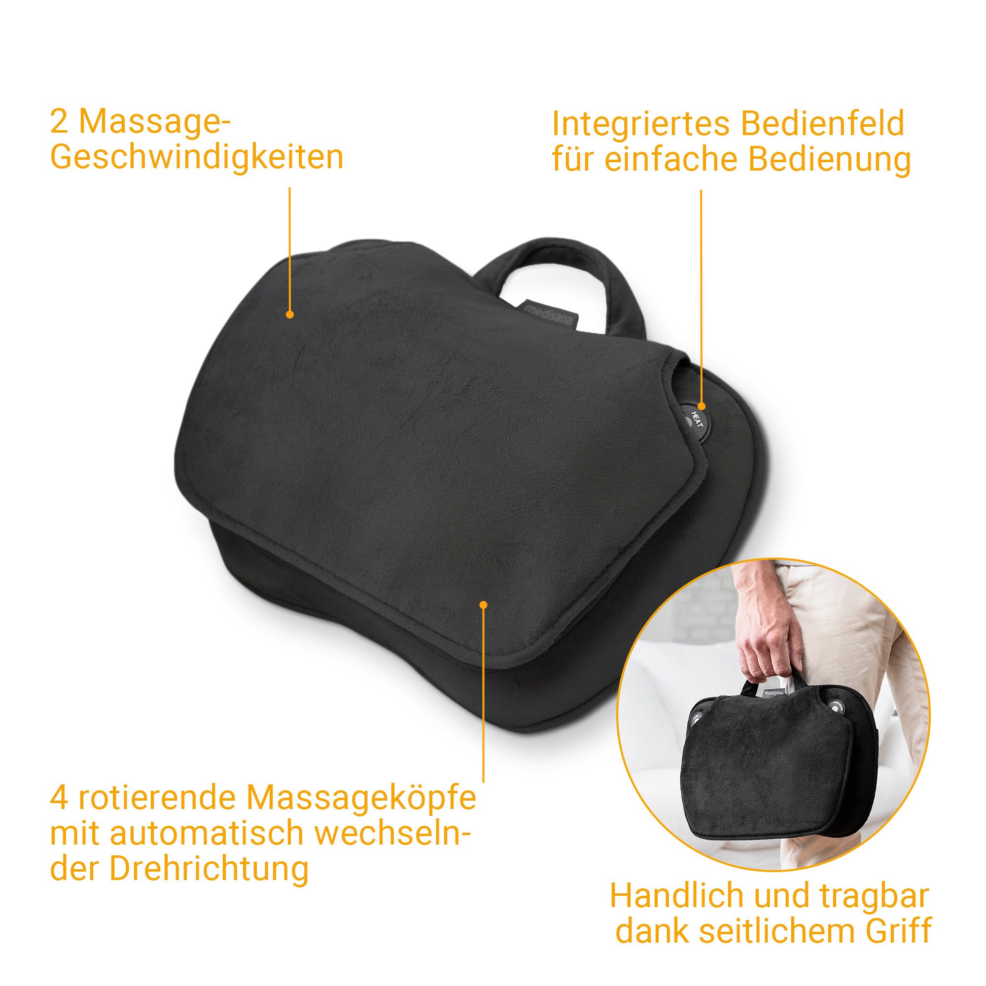 Schwarzes Shiatsu-Massagekissen mit Beschriftungen zu Funktionen: 2 Geschwindigkeiten, 4 rotierende Köpfe, integriertes Bedienfeld, tragbar.