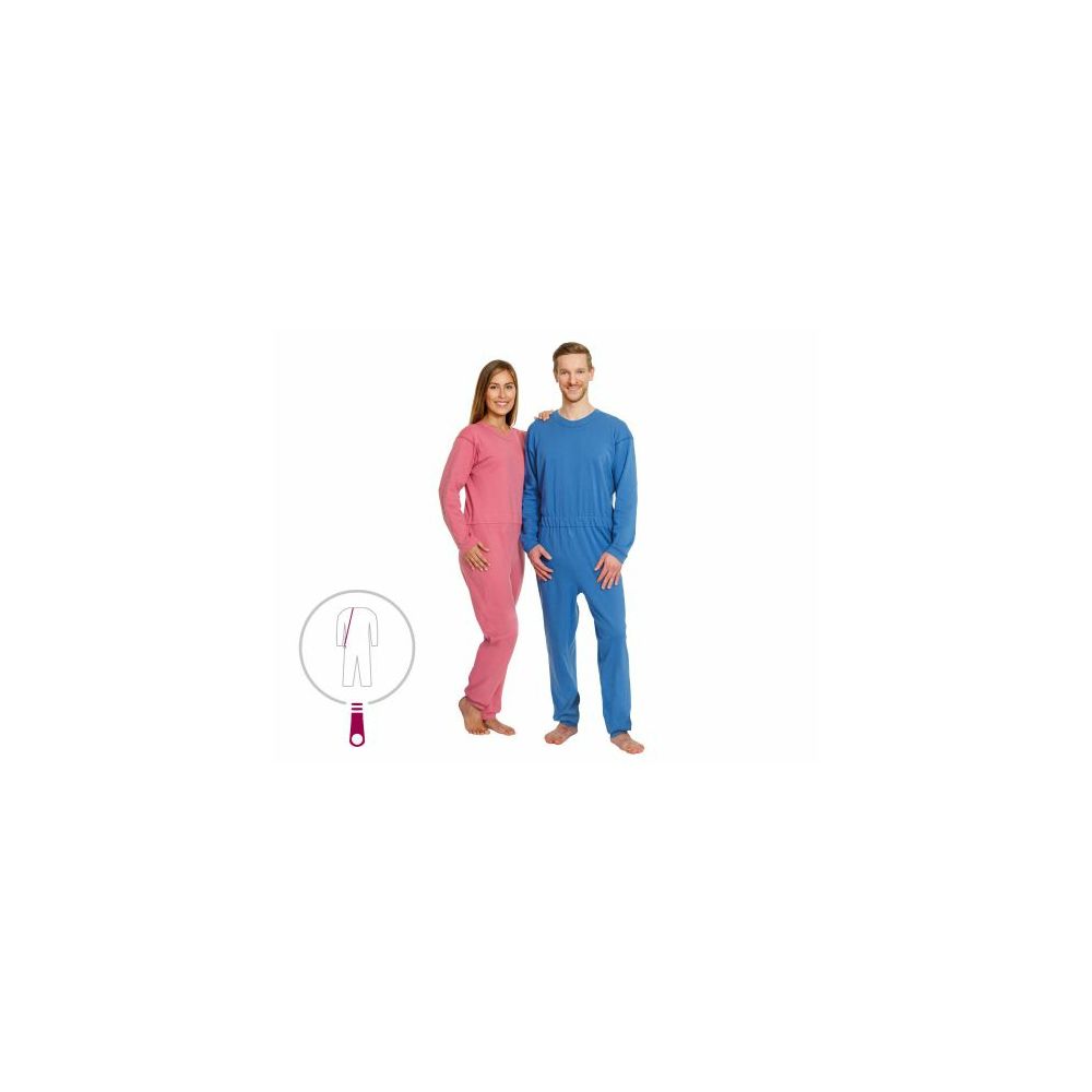 Zwei Personen in blauen und rosa Pflegeoveralls. Illustration eines Overalls mit Reißverschluss.