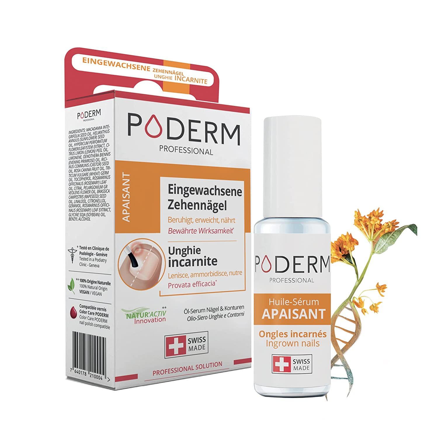 Produkt PODERM, Flasche und Verpackung. Aufschrift: EINGEWACHSENE GEKRÜMMTE NÄGEL. Schweizer Kreuz. Naturactiv Innovation.