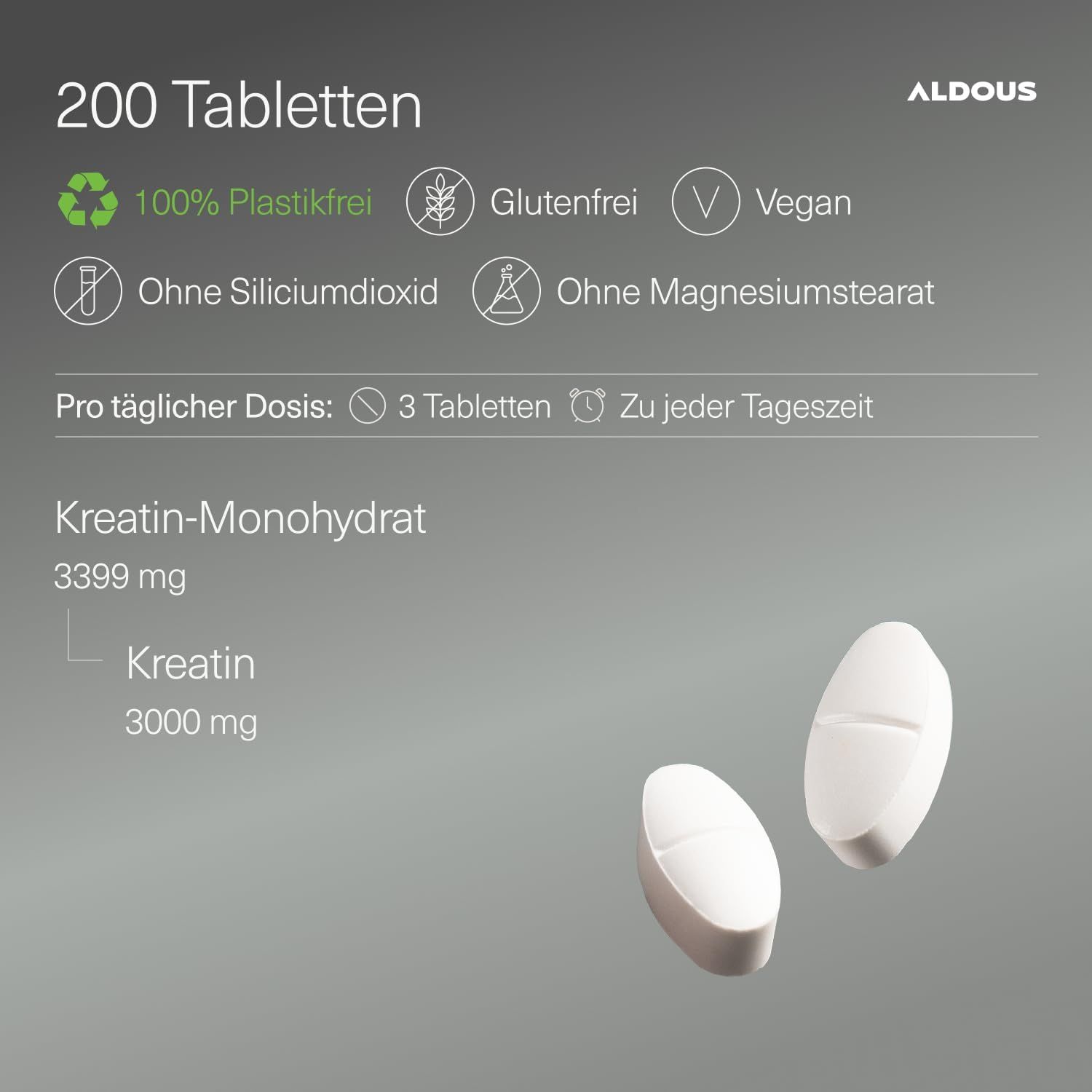 Aldous Creatin Monohydrat: 200 Tabletten. Plastikfrei, glutenfrei, vegan. Ohne Siliciumdioxid, ohne Magnesiumstearat.