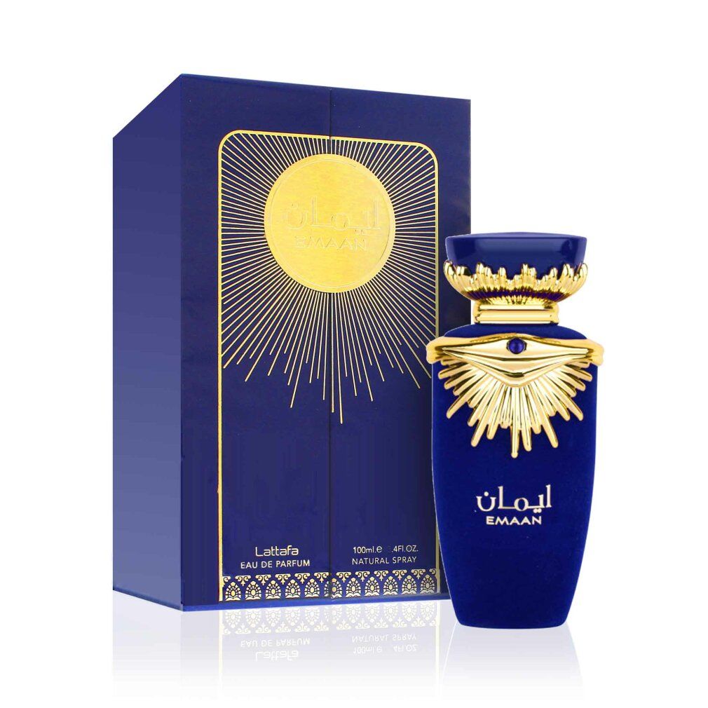 Blaue Parfümflasche mit goldener Verzierung und blauer Schachtel. Goldene Sonne und arabische Schrift. Marke Lattafa.