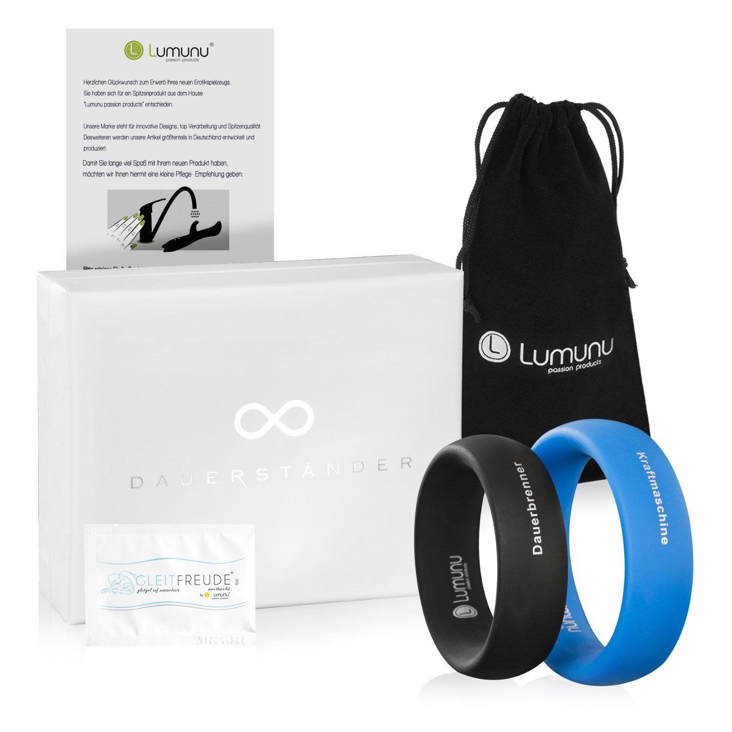 Produktverpackung mit zwei Ringen, Beutel, Gleitmittel und Infoblatt. Ringe: schwarz mit "Dauerbrenner", blau mit "Kraftmaschine".