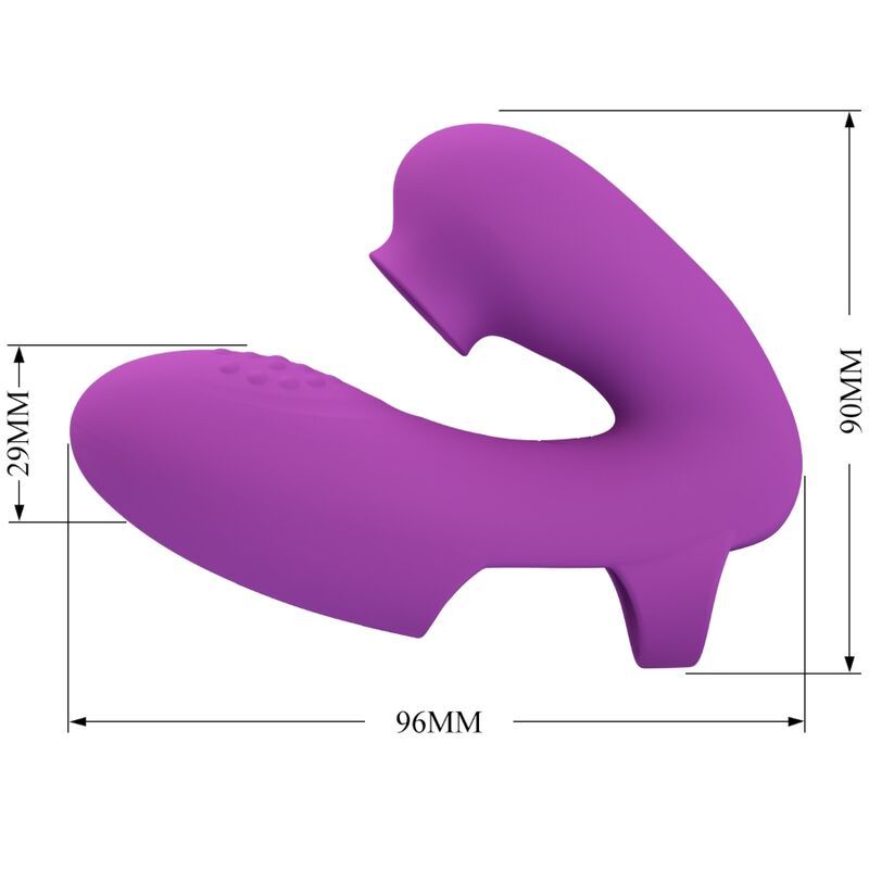 Lila Fingervibrator mit Maßangaben. 96mm lang, 90mm hoch, 29mm breit.