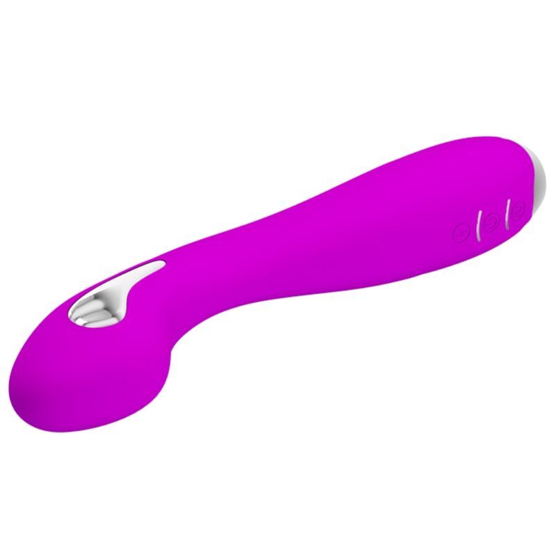 Lila Vibrator mit geschwungener Form. Silberfarbene Akzente an Spitze und Bedienelementen. Drei Knöpfe.