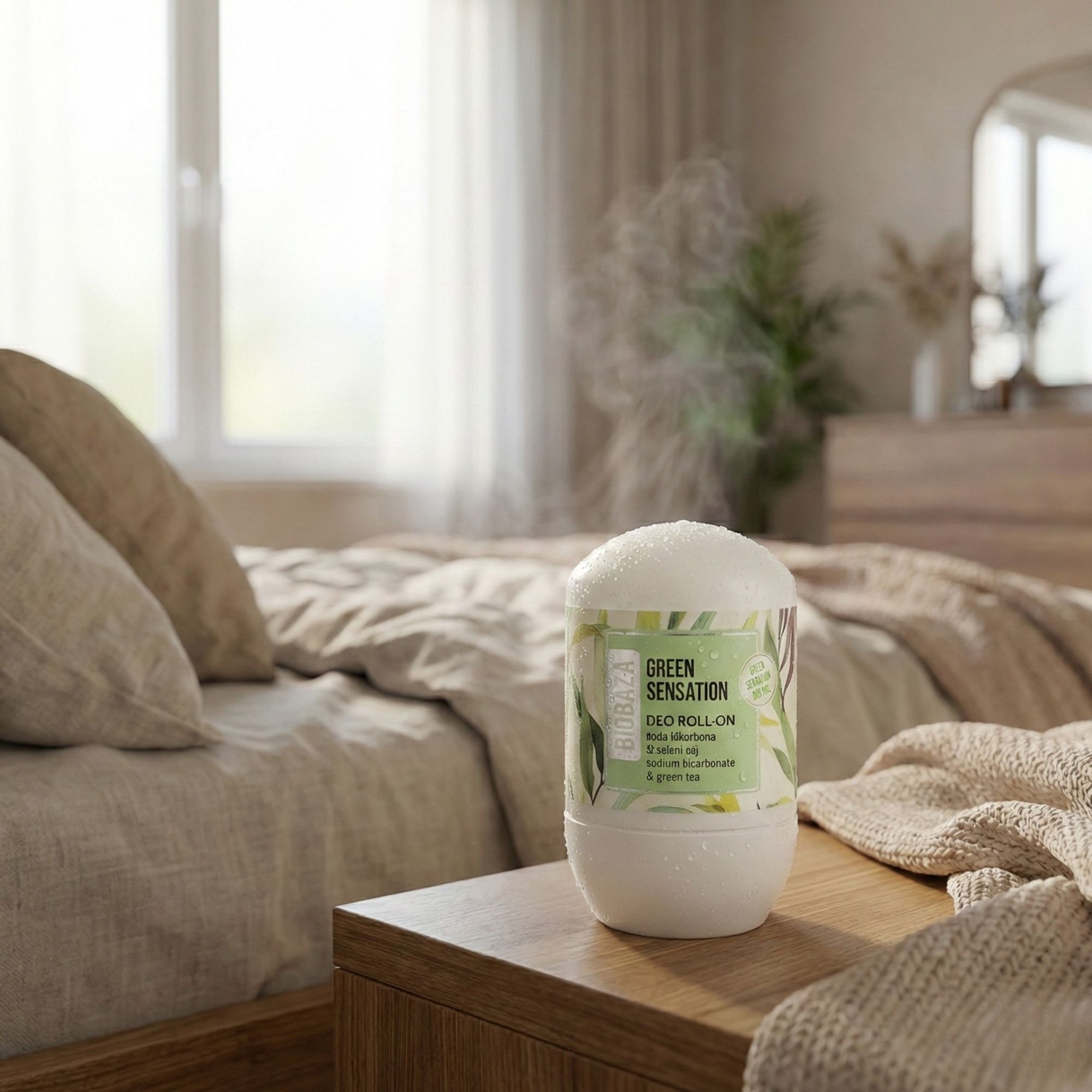 Roll-On-Deo auf Nachttisch. Aufschrift: Green Sensation, Soda Bikarbona & zeleni čaj, Sodium bicarbonate & green tea. Hintergrund: Bett und Fenster.