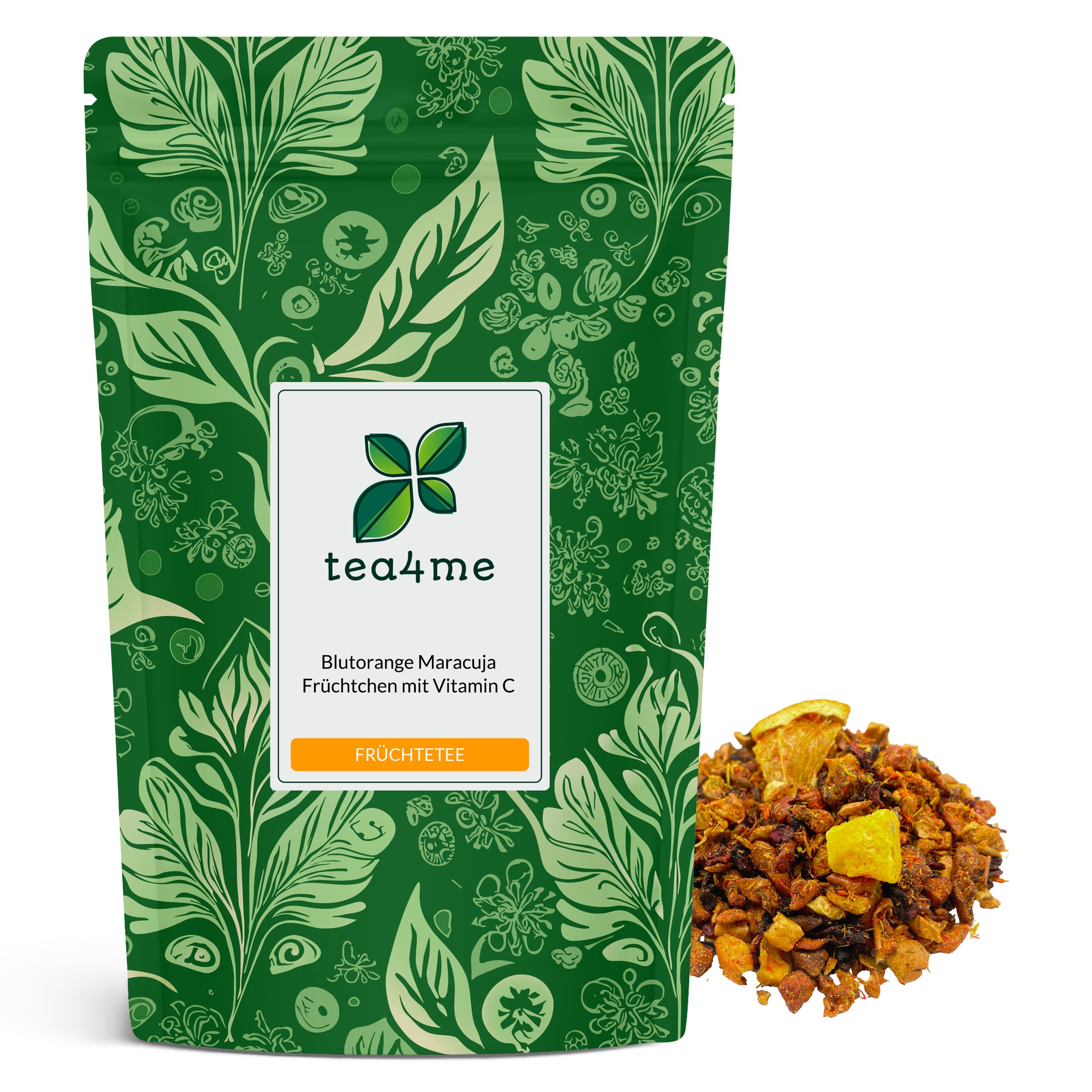 Grüner Beutel mit Aufdruck. Logo und Produktbezeichnung: Blutorange Maracuja Früchtchen mit Vitamin C. Daneben loser Früchtetee.