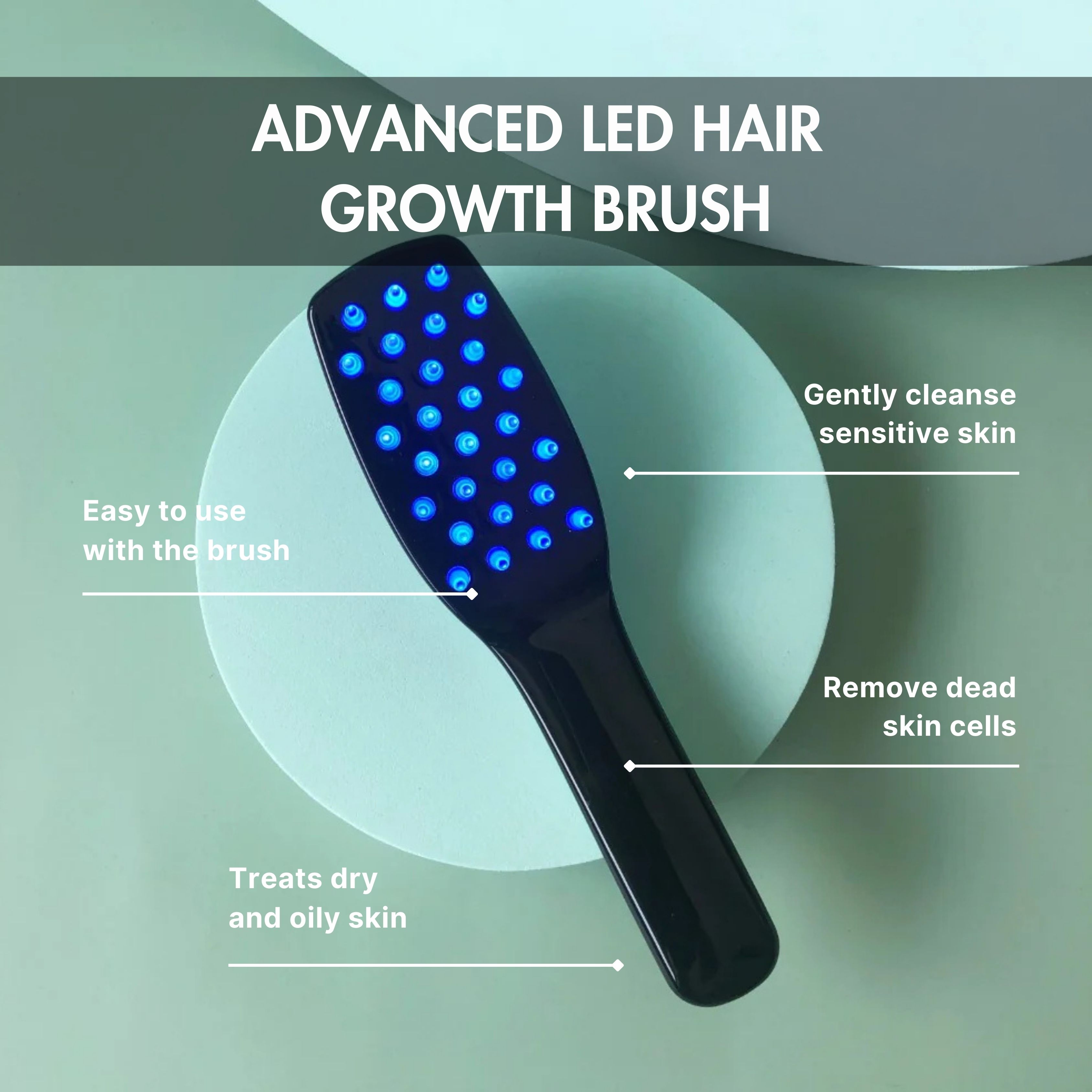 Schwarze Haarbürste mit blauen LEDs. Text: Advanced LED Hair Growth Brush, reinigt sanft empfindliche Haut, entfernt abgestorbene Hautzellen.