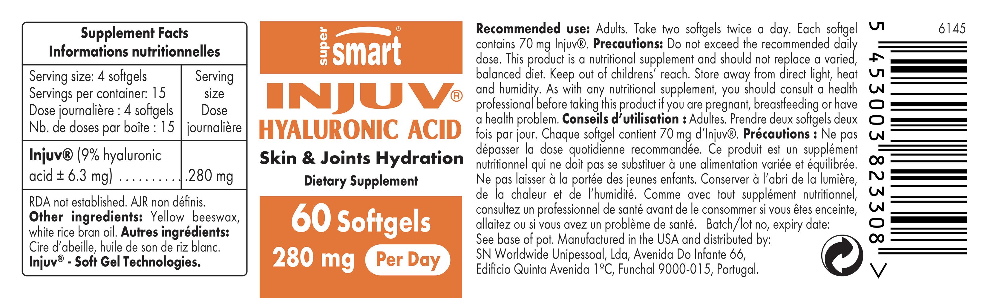 Etikett mit Produktinformationen. Text: Injuv Hyaluronsäure, 60 Softgels, 280 mg pro Tag. SuperSmart.