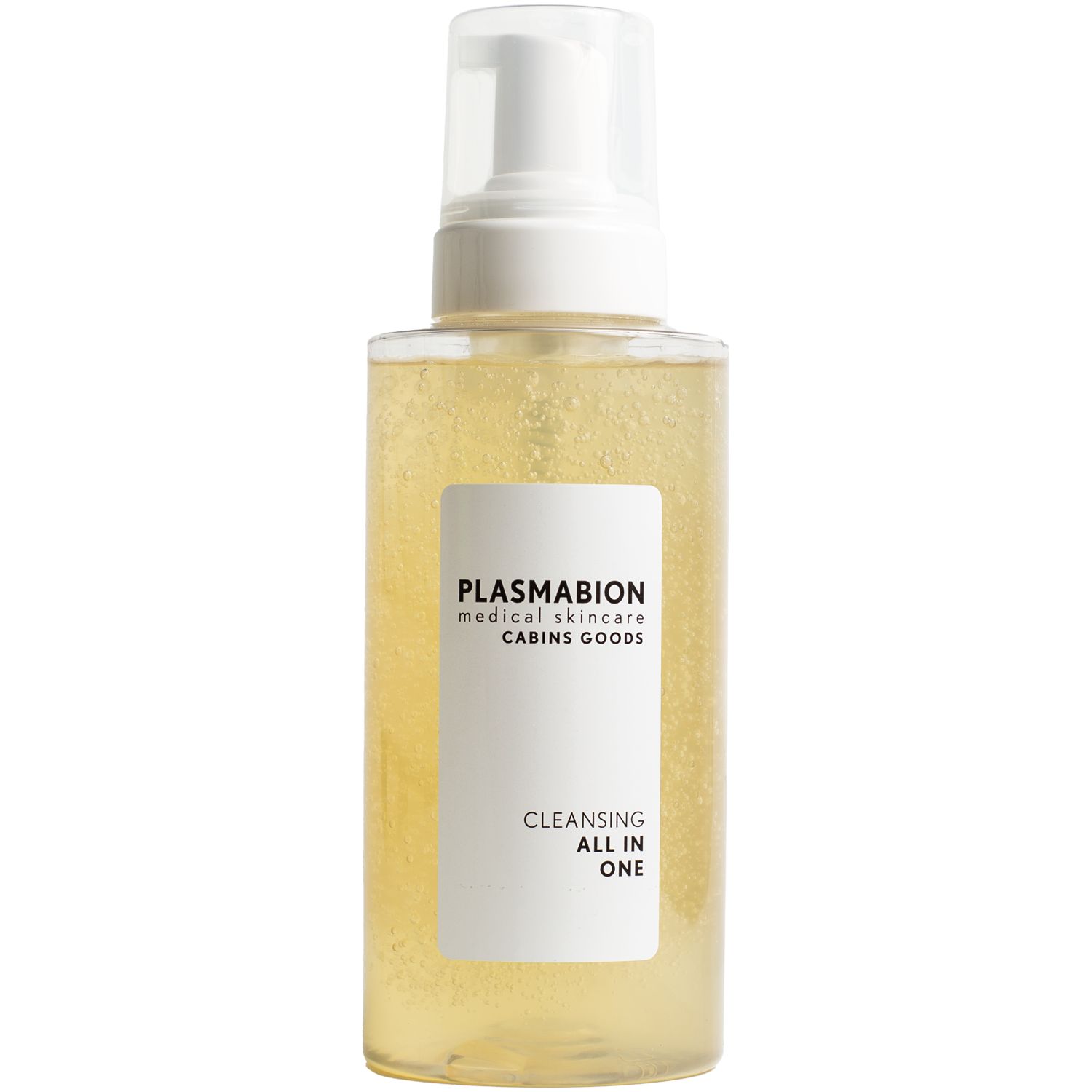 Transparenter Flakon mit Pumpe. Aufschrift: PLASMABION medical skincare, CABINS GOODS, CLEANSING ALL IN ONE.