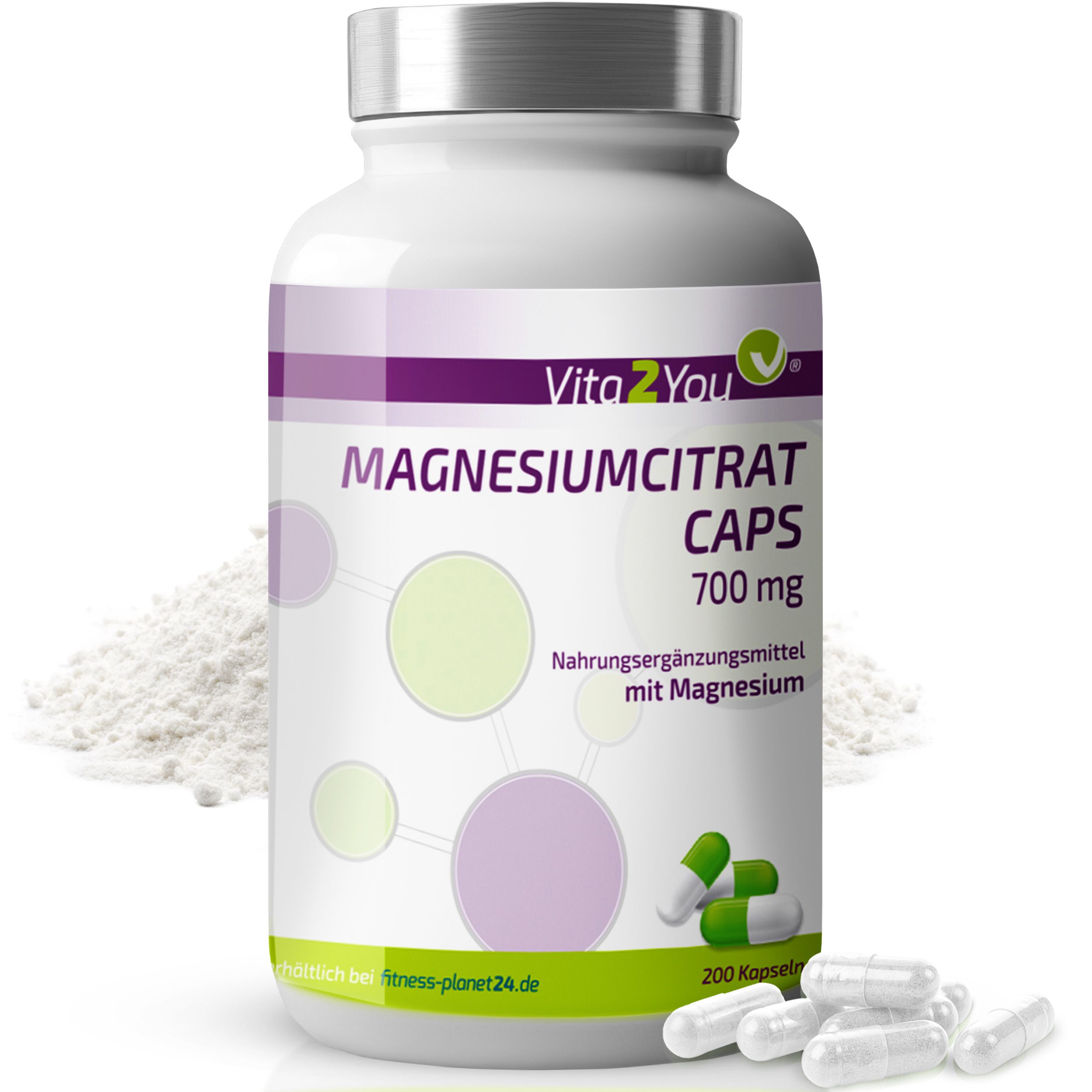 Flasche Vita2You Magnesiumcitrat Kapseln, 700 mg. Weißes Pulver. Kapseln. Text: Nahrungsergänzungsmittel mit Magnesium.
