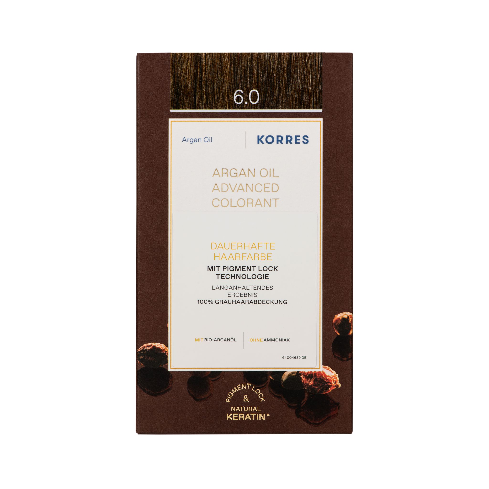 KORRES Arganöl Haarcoloration Dunkelblond 6.0. Braune Verpackung mit Produktinformationen und Haarfärbemittel-Abbildung.