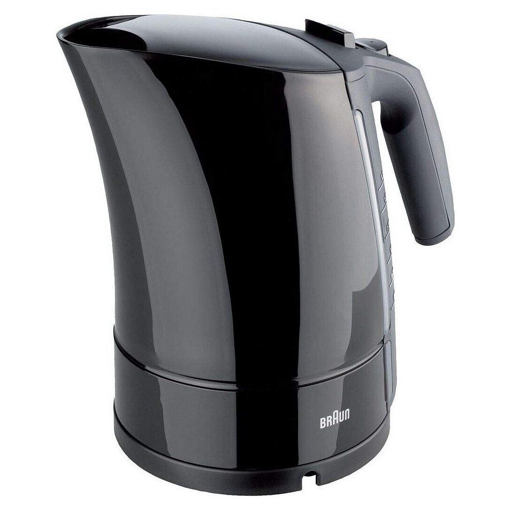Schwarzer Wasserkocher mit Braun-Logo, von vorne betrachtet.