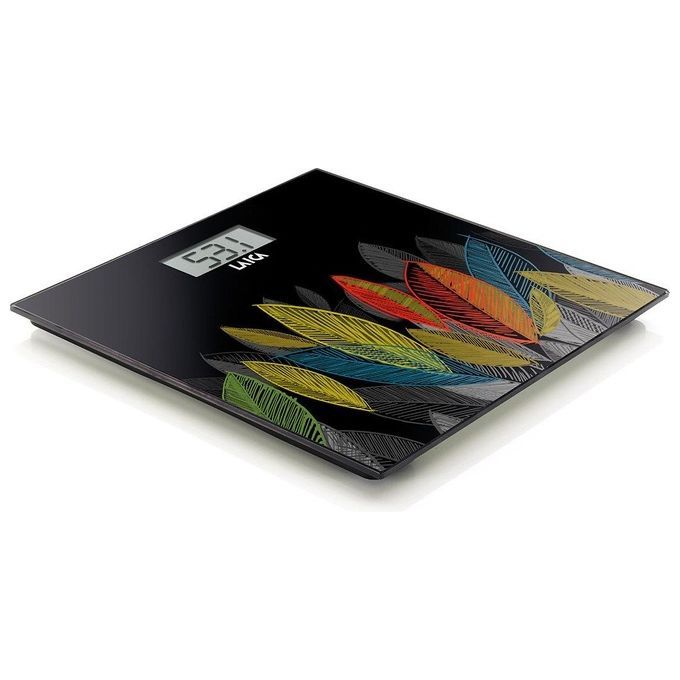 Bilancia elettronica nera con decorazione a foglie colorate. Display digitale con peso. Marchio: LAICA.