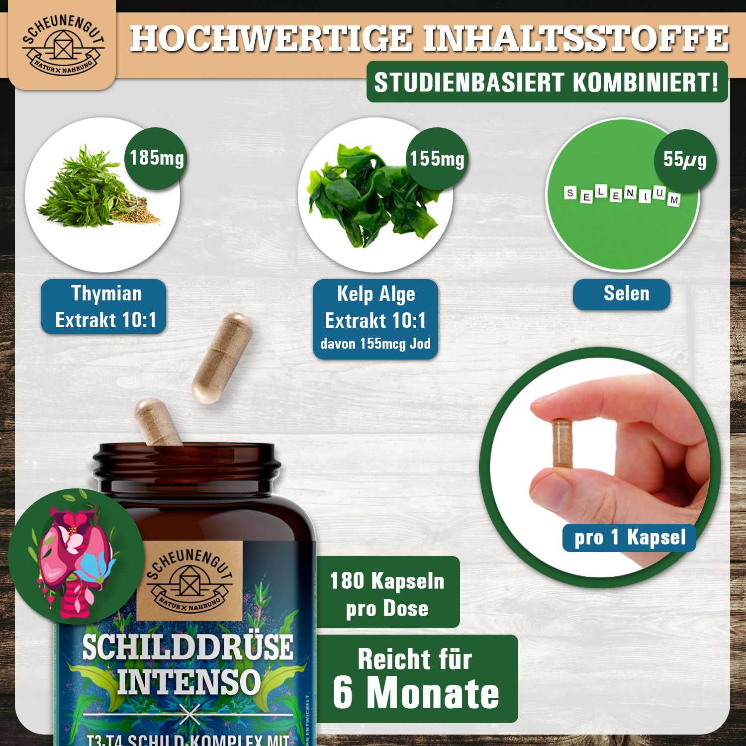 Braune Kapseln neben einer Flasche. Aufschrift: SCHILDDRÜSE INTENSO. Zutaten: Thymian, Kelp Alge, Selen. 180 Kapseln pro Dose. Reicht für 6 Monate.