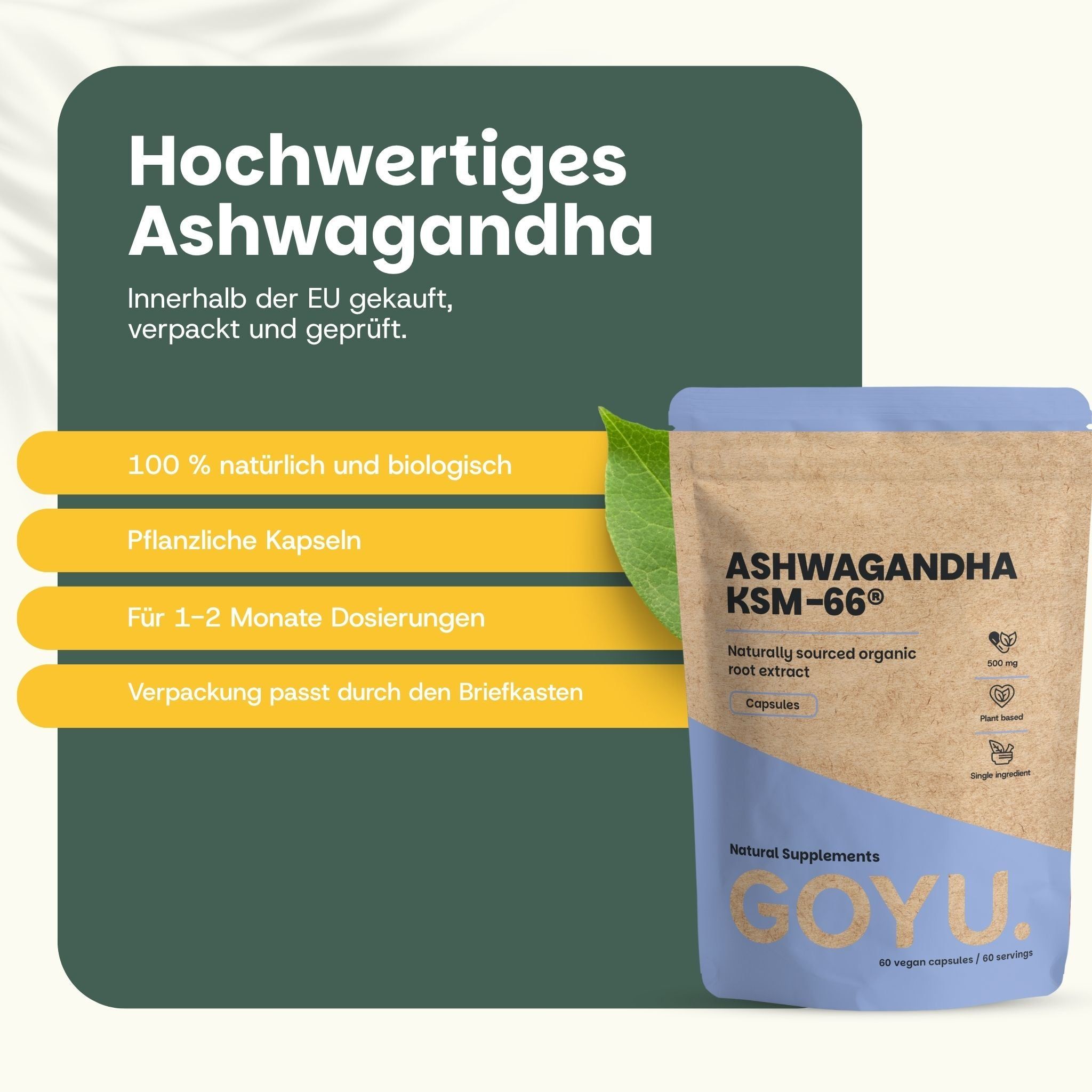 Brauner Beutel mit Ashwagandha KSM-66 Kapseln, 500 mg, Bio-Extrakt, neben grünen Blättern.