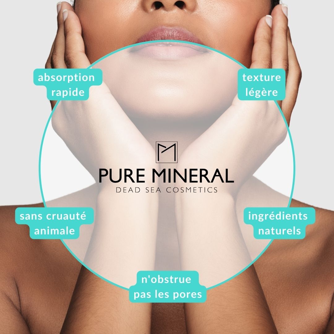 Femme avec les mains sur le visage. Texte : absorption rapide, texture légère, sans cruauté, ingrédients naturels.