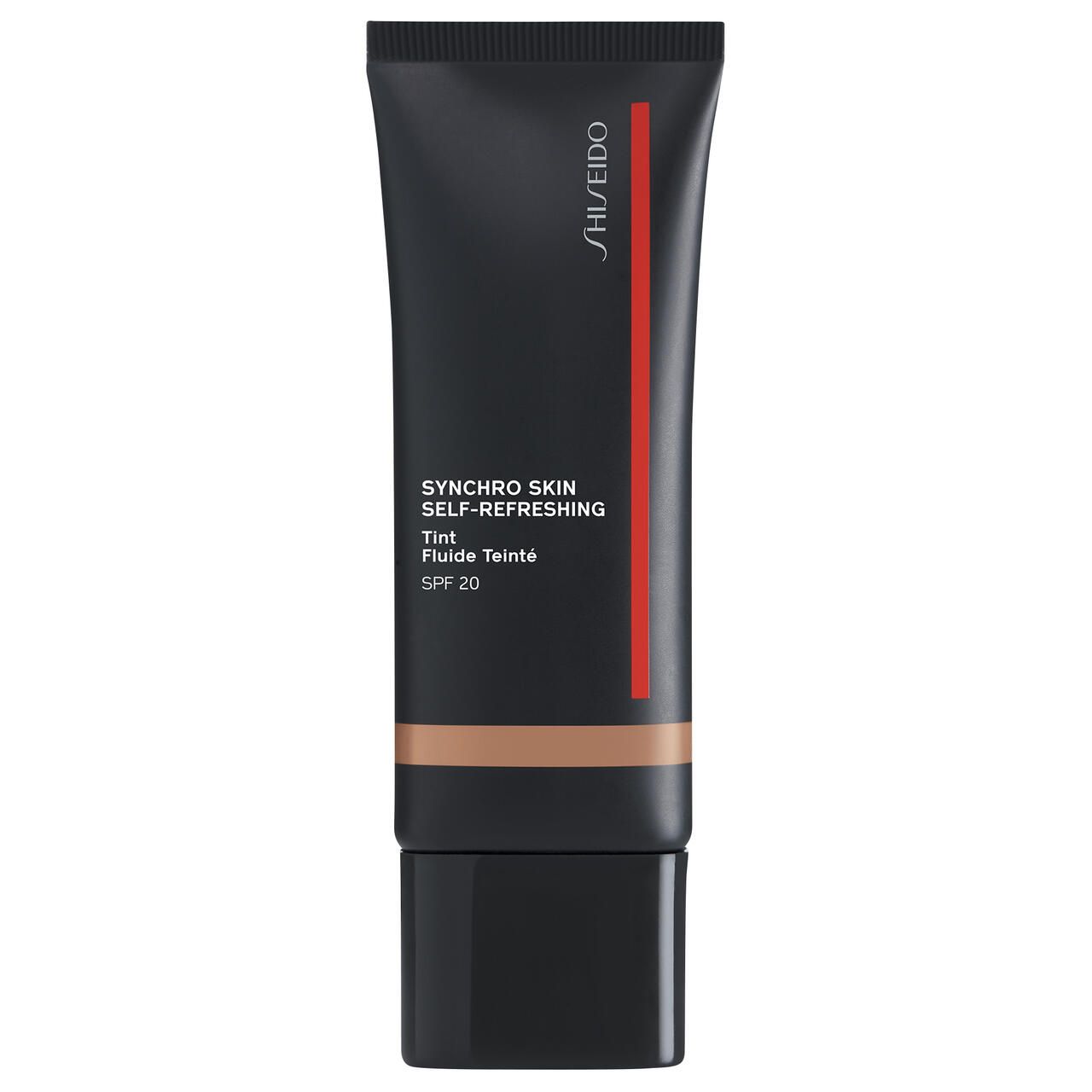 Schwarze Tube mit rotem Streifen und Produktbezeichnung. Aufschrift: Shiseido, Synchro Skin Self-Refreshing Tint, SPF 20. Farbton.