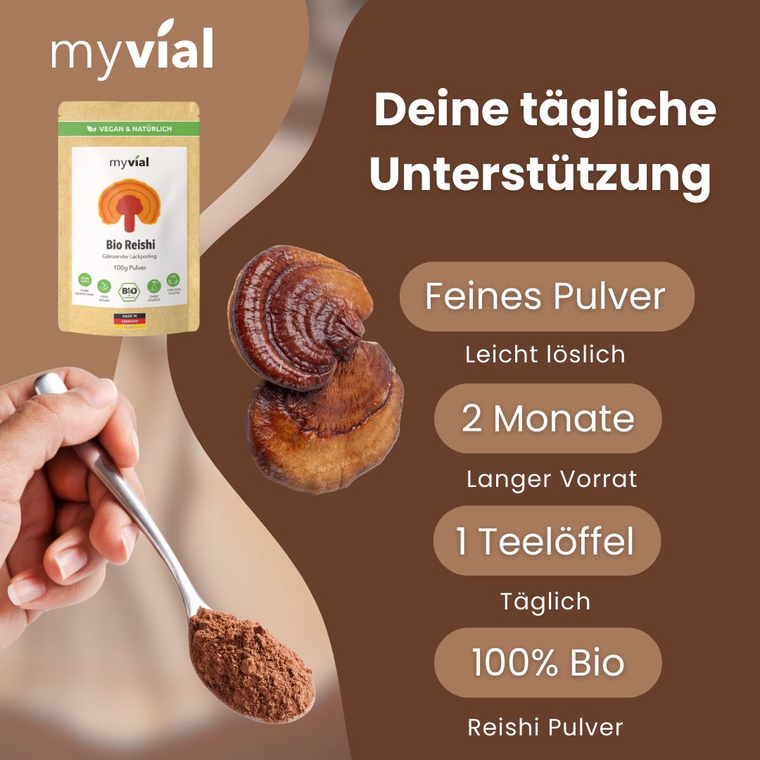 Löffel mit Reishi Pulver, zwei Reishi Pilze, myvial Beutel.