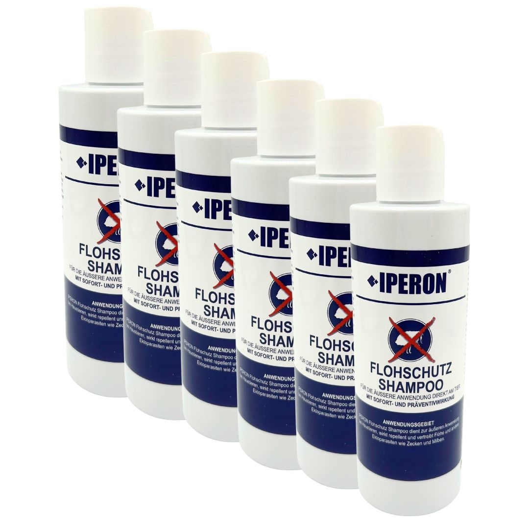 Sechs Flaschen IPERON Flohschutz Shampoo nebeneinander.