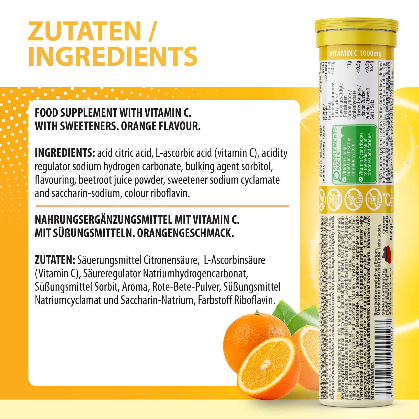 Nahaufnahme der Zutatenliste auf einer EVÄM Vitamin C 1000mg Tube. Orangen und Blätter liegen daneben. Text in Deutsch.