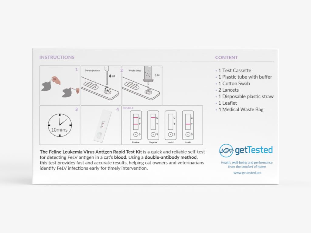 GetTested Leukämievirus-Test für Katzen. Verpackung mit Testkassette, Röhrchen, Wattestäbchen, Lanzetten, Strohhalm und Beipackzettel.