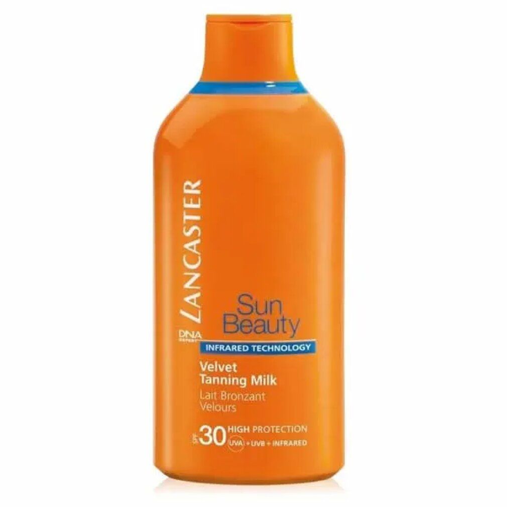 Orangefarbene Flasche mit Lancaster-Logo und Produktbezeichnung. Enthält SPF 30.