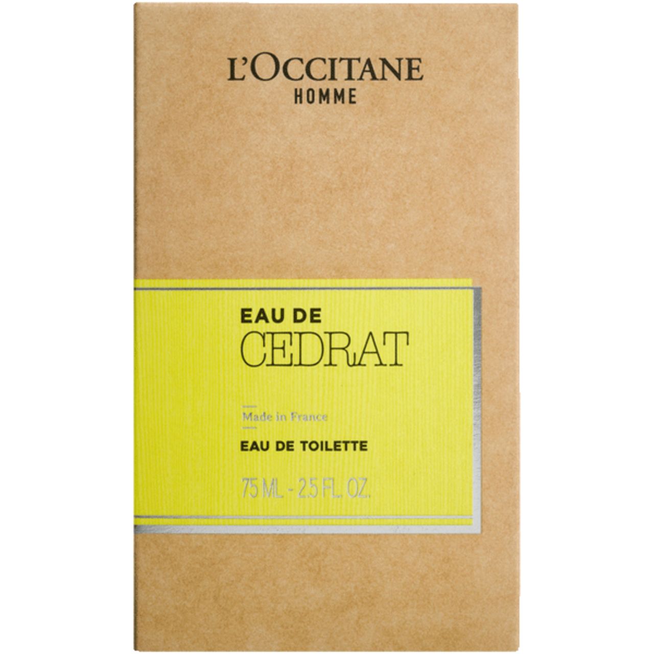 Kartonverpackung von L'Occitane Eau de Cedrat. Aufschrift: Eau de Toilette, 75 ml. Gelber Aufkleber mit Produktnamen.
