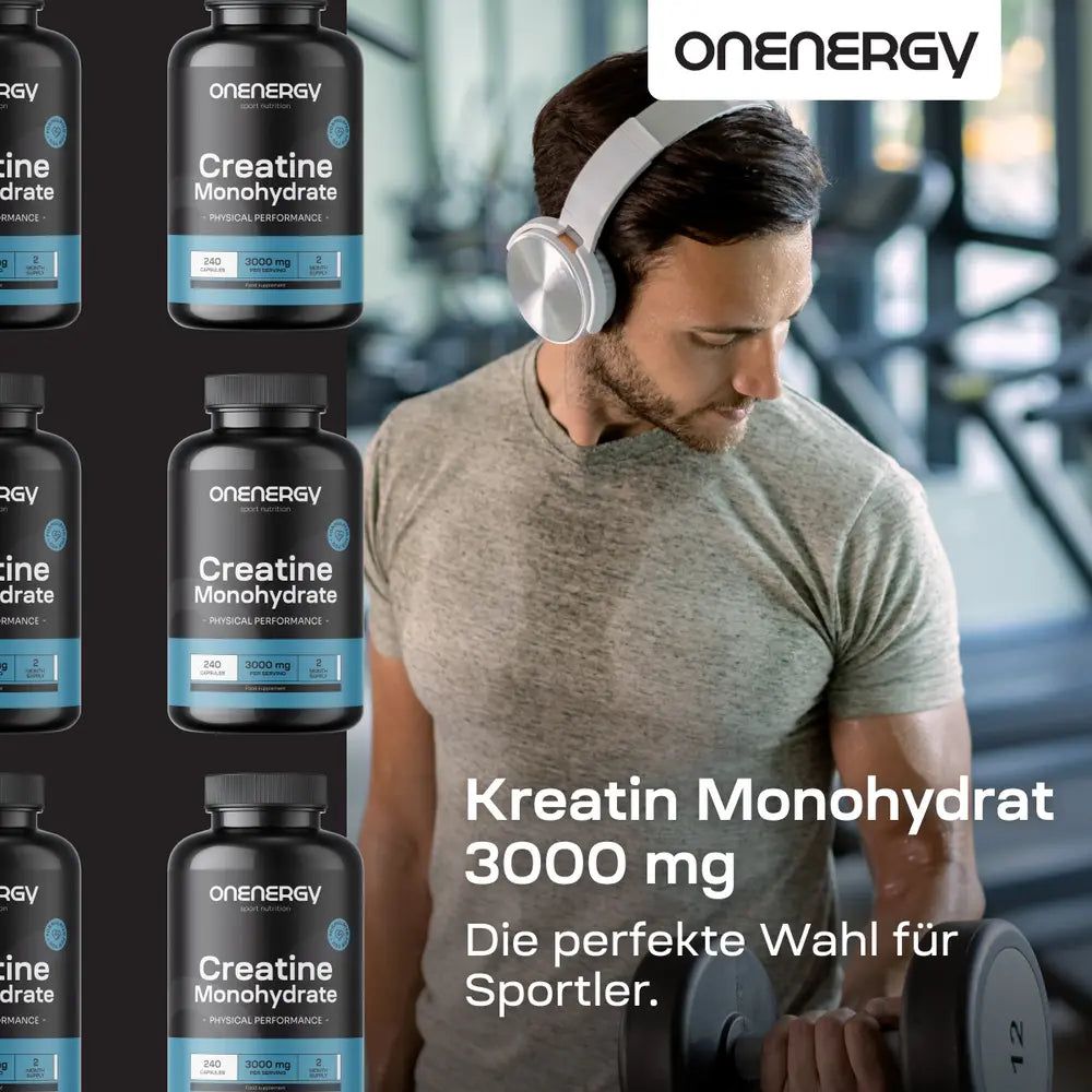 Mann mit Kopfhörern und Hantel. Daneben Flaschen mit Kreatin Monohydrat. Text: Kreatin Monohydrat 3000 mg.