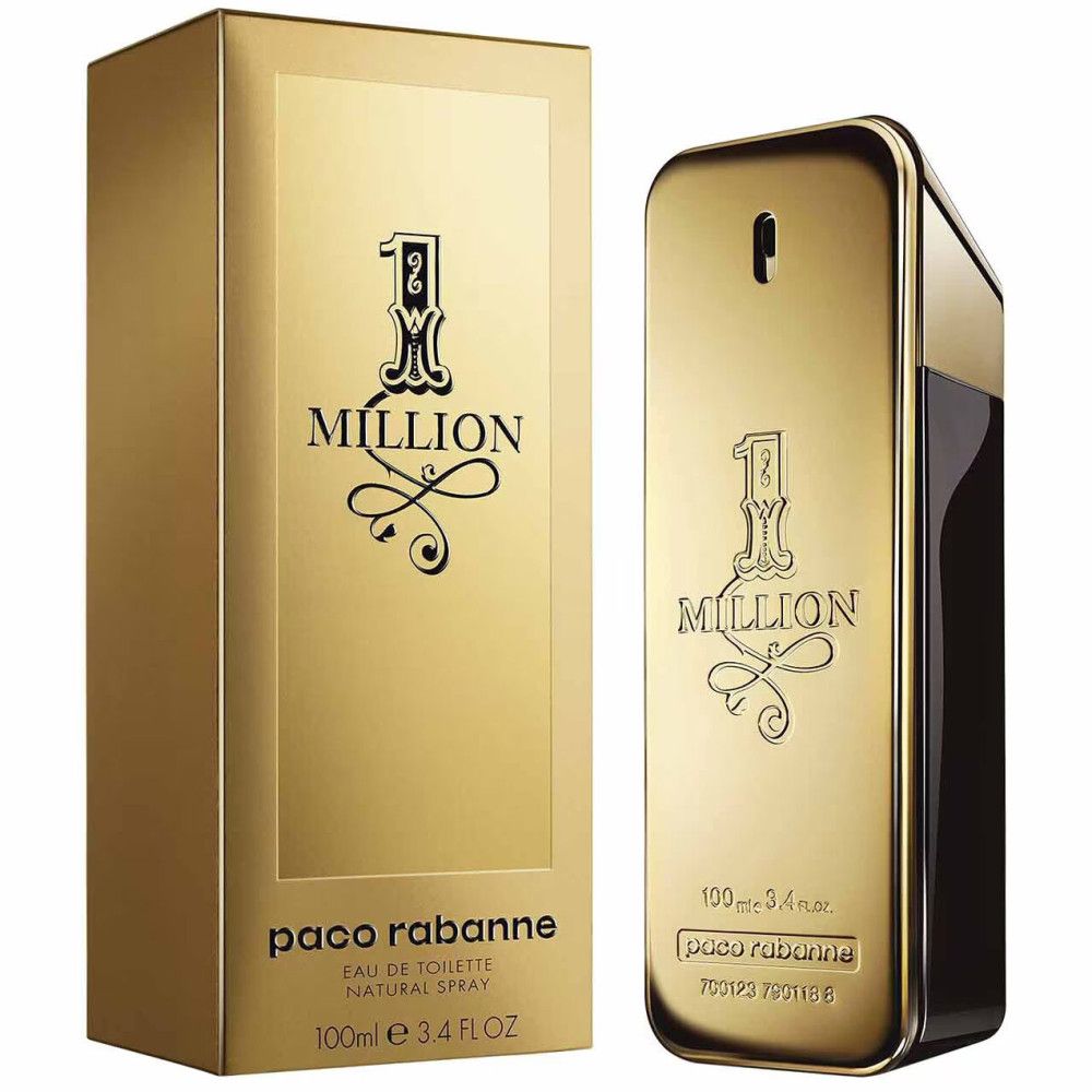 Goldfarbener Flakon und Verpackung. Aufschrift: 1 MILLION, paco rabanne. Eau de Toilette.