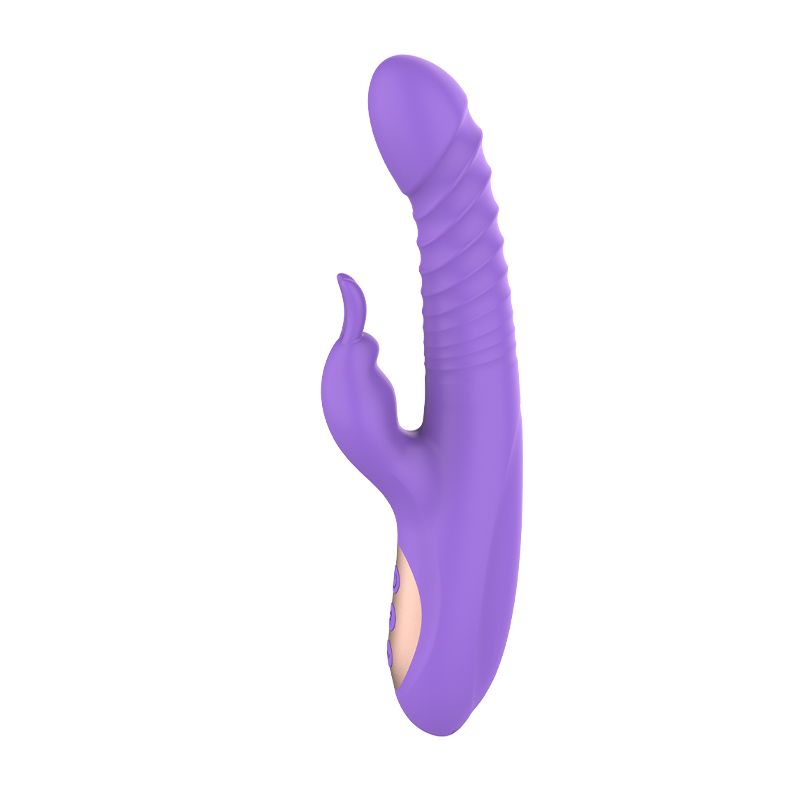 Lila Vibrator mit geriffelter Oberfläche und Hasenohren. Drei goldfarbene Knöpfe.