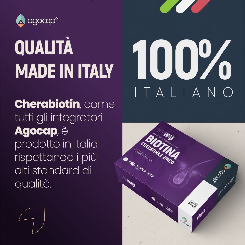 Confezione prodotto con "Qualità Made in Italy" e "100% Italiano". Contiene il prodotto "CheraBIOTIN".