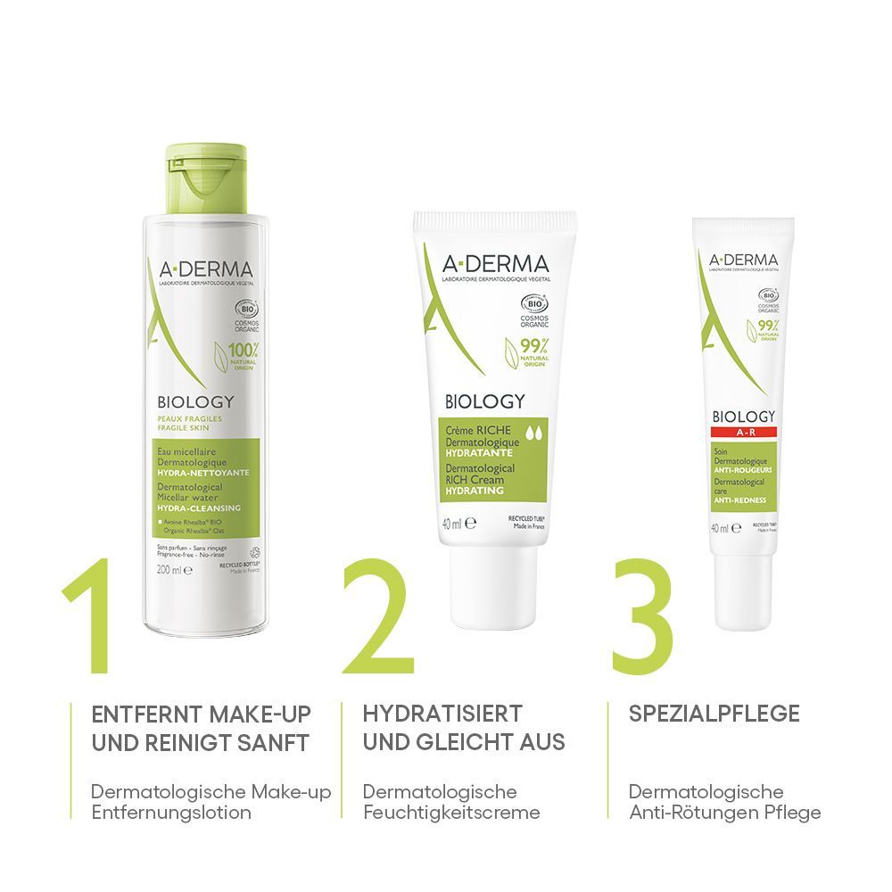 Drei A-DERMA BIOLOGY Produkte. 1: Reinigungslotion. 2: Feuchtigkeitscreme. 3: Spezialpflege. Text in Deutsch.