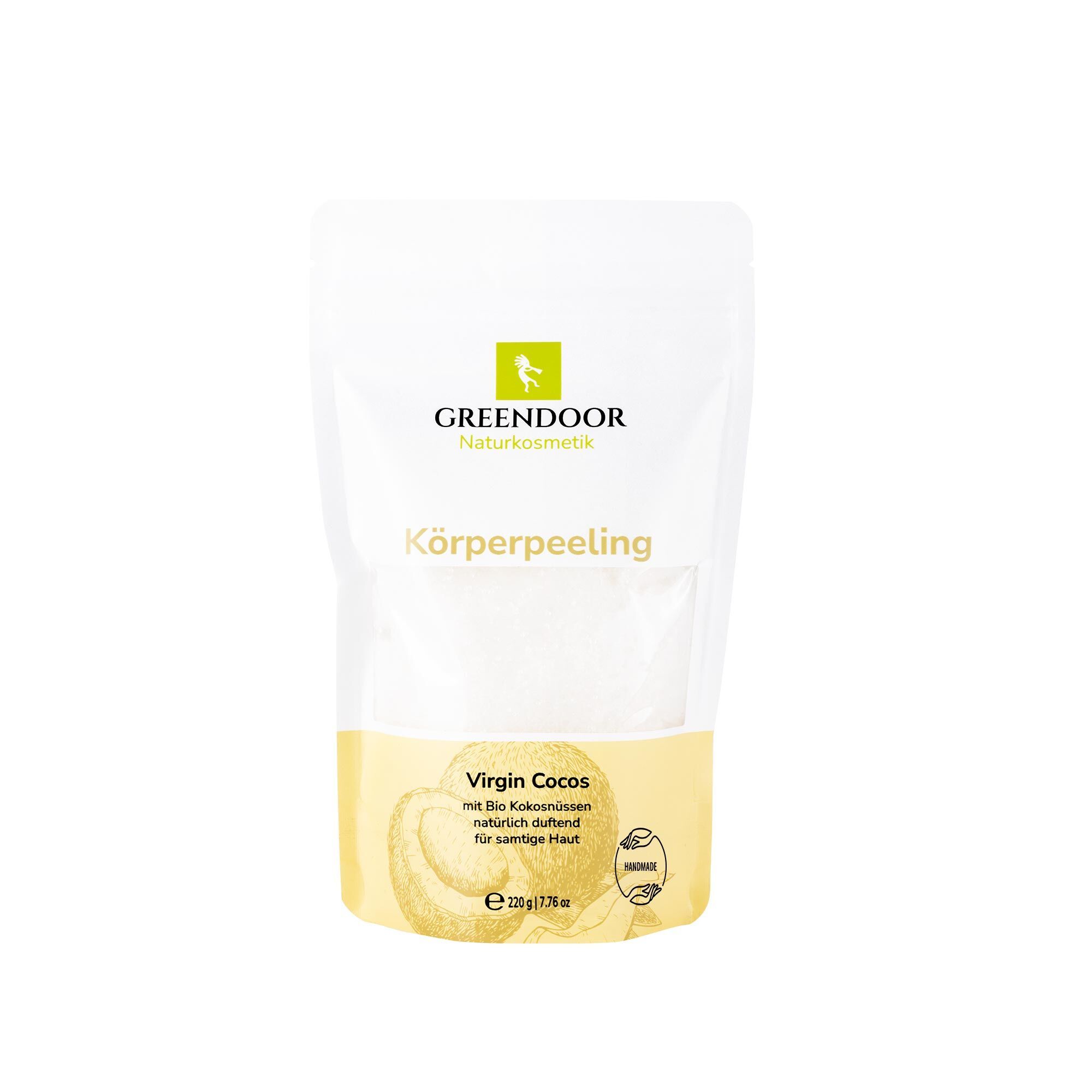 GREENDOOR Körperpeeling Virgin Cocos in weißer Standverpackung mit Kokosabbildung und Siegeln.