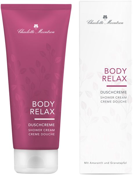 Produkt-Tube und Verpackung. Tube in Pink mit Produktnamen BODY RELAX und Duschcreme. Marke Charlotte Meentzen. Weiße Verpackung.