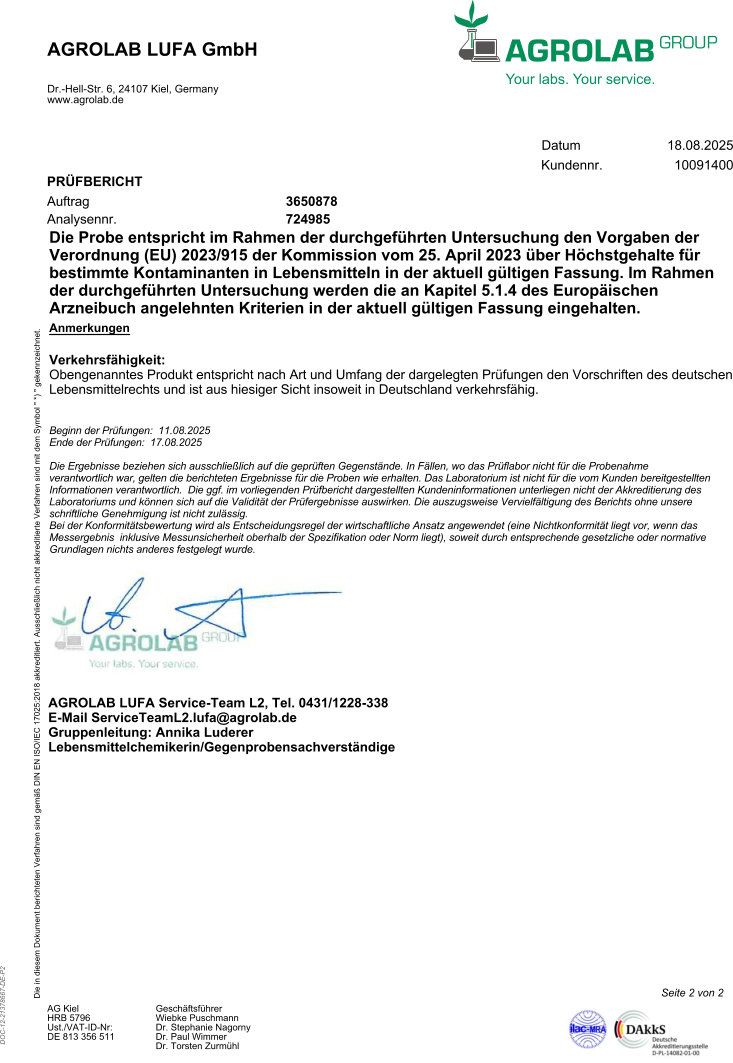 Prüfbericht von Agrolab LUFA GmbH für Biotin. Enthält Analyseergebnisse und Angaben zur Probe.