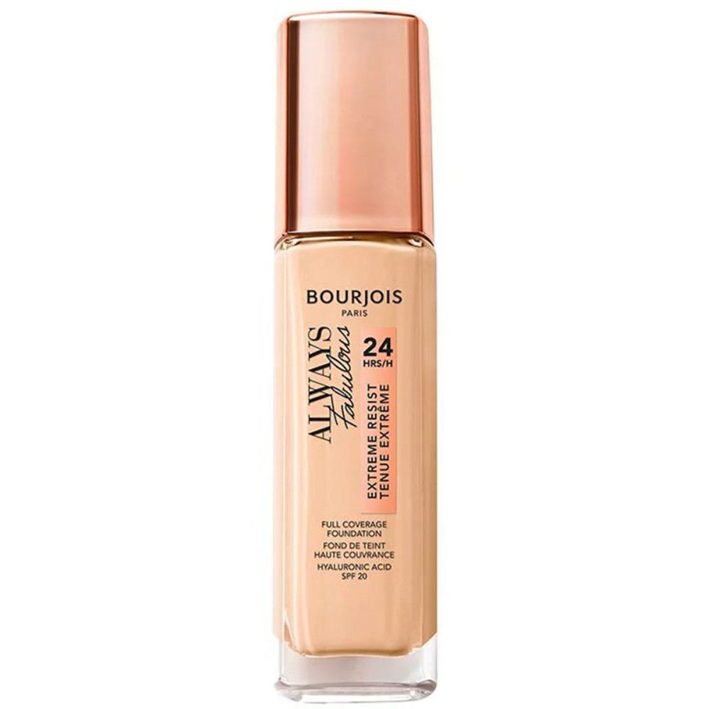 Bourjois Always Fabulous Foundation-Flakon mit roségoldenem Deckel. Schwarzer Pumpkopf sichtbar.