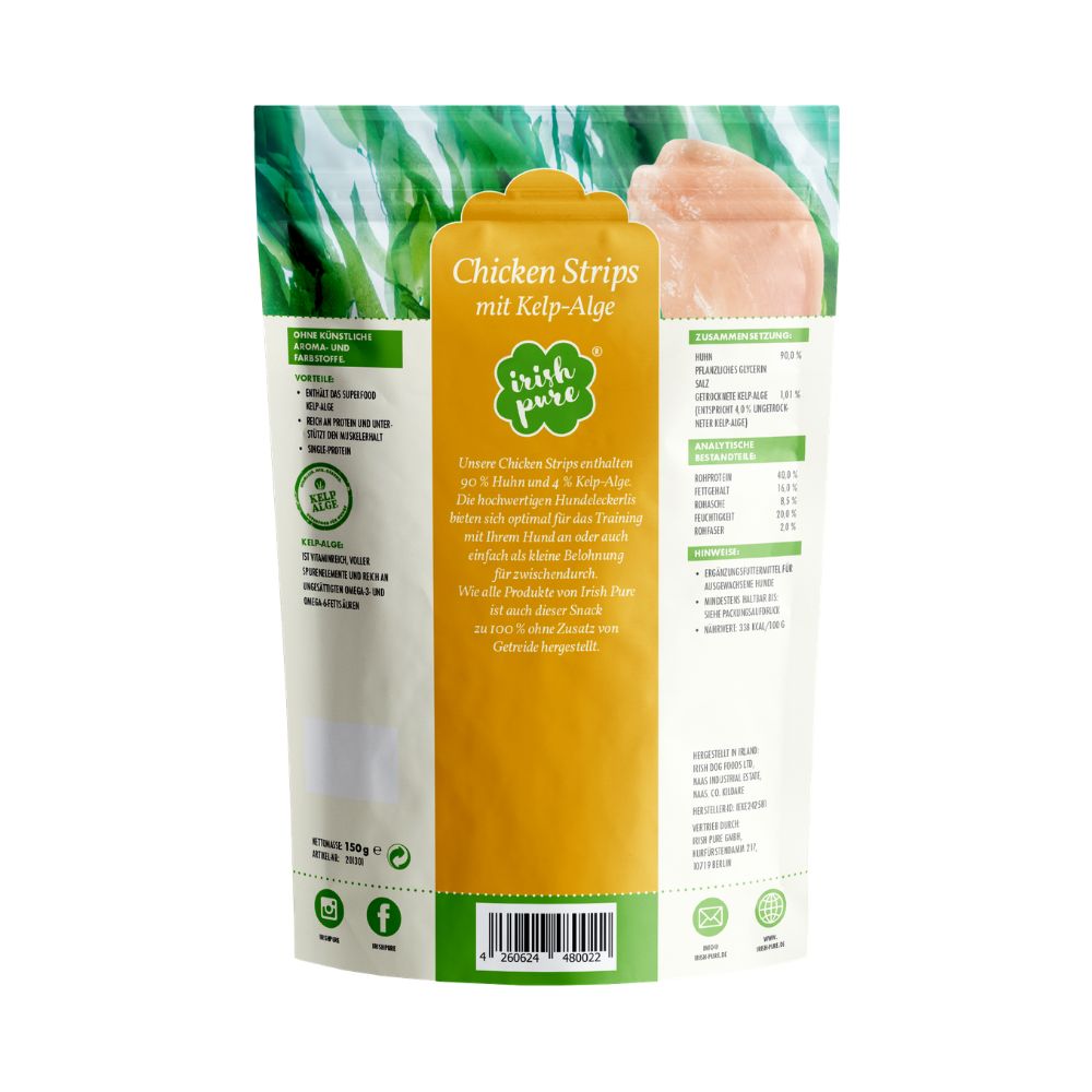 Zusammensetzung von Irish Pure Chicken Strips: 90% Huhn, pflanzliche Öle, Kelp-Alge.
