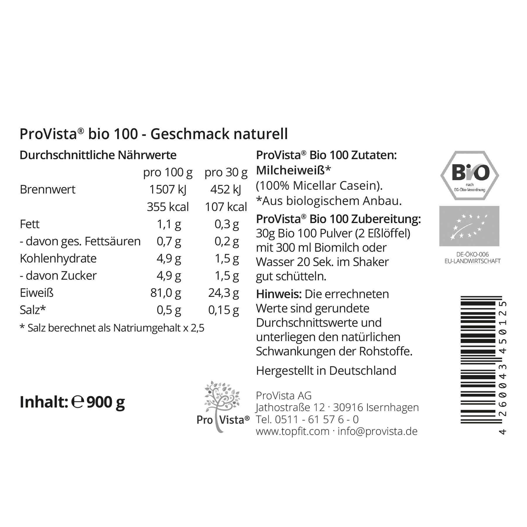 ProVista® Bio100 Milcheiweiß/Micellar Casein Naturell DE-ÖKO-006