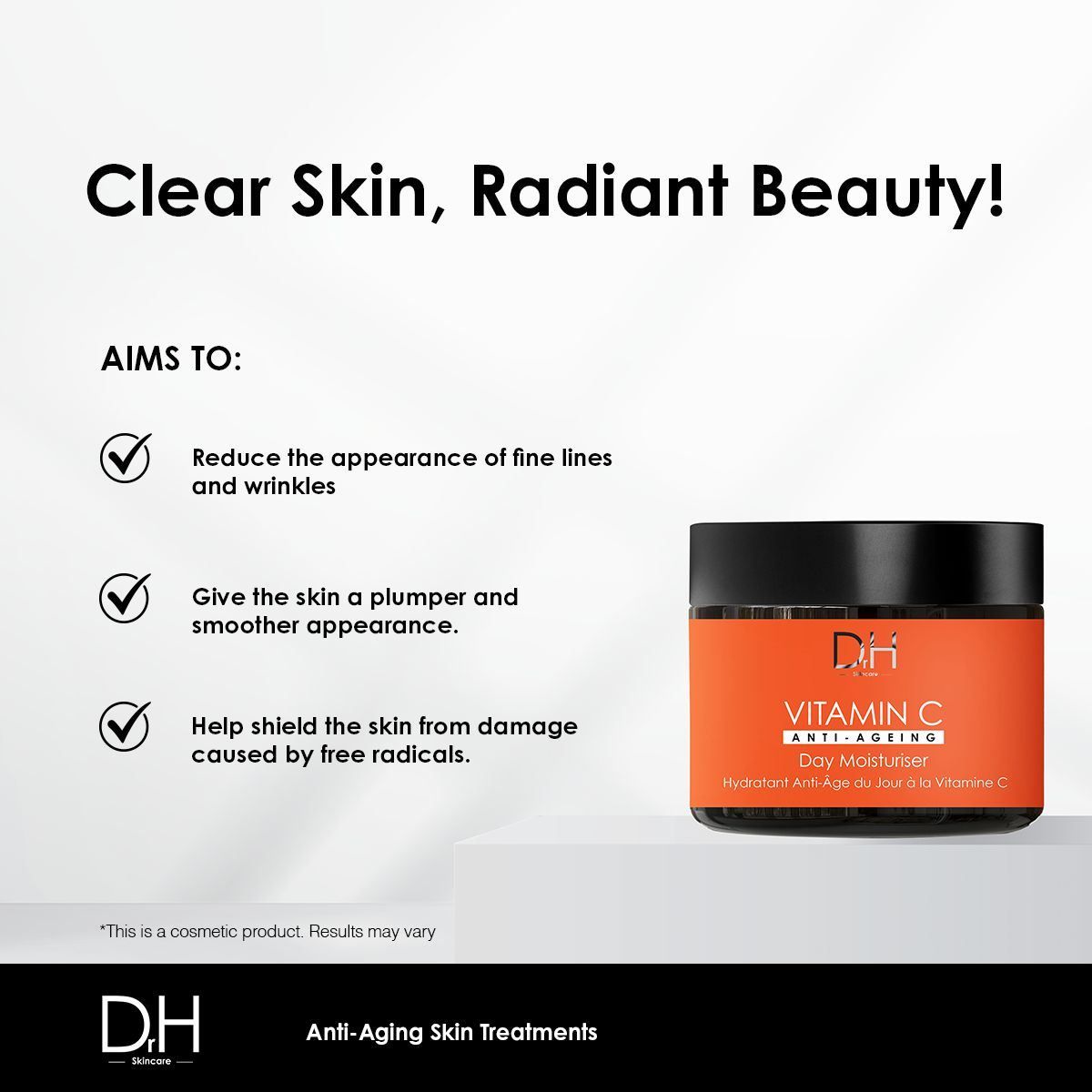 Dr H Vitamin C Anti-Aging Tagescreme zielt darauf ab, feine Linien zu reduzieren und die Haut vor Schäden zu schützen.